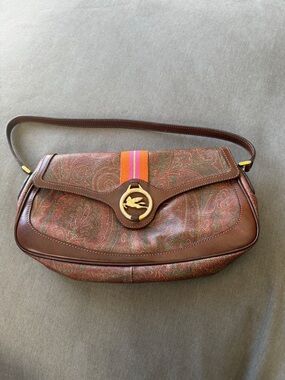 Brown Paisley Shoulder Bag with Gold-tone Emblem and Stripe Detail